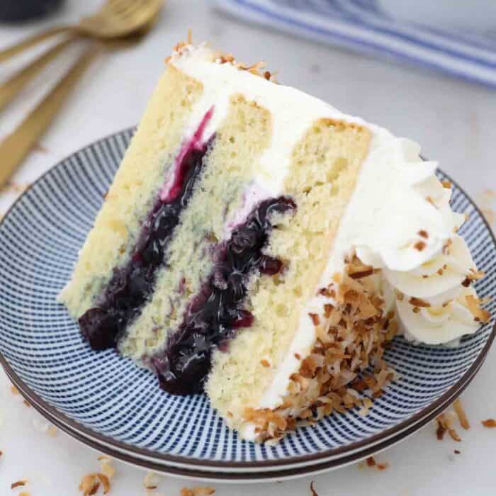 Homemade Coconut Cake with Blueberry Pie Filling Beyond Frosting