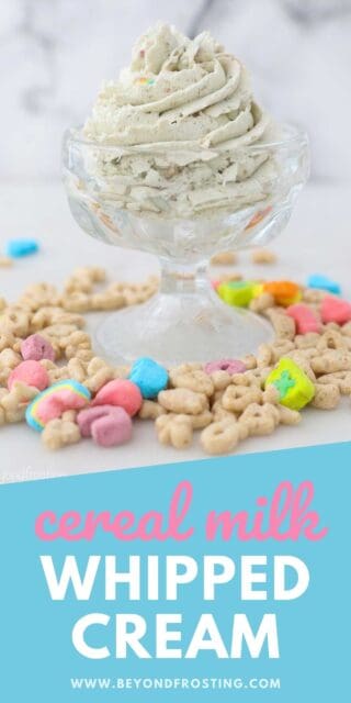 a small ice cream dish with whipped cream surrounded by Lucky Charms Cereal with a text overlay