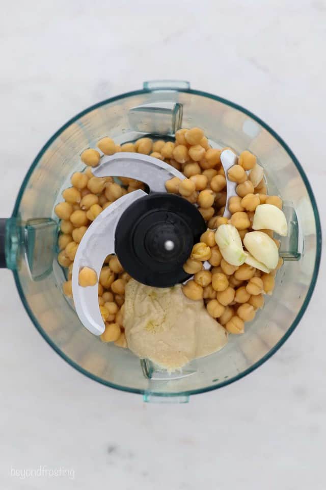 Chickpeas, Garlic and Tahini Inside of a Food Processor