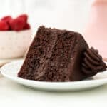 A slice of small chocolate cake topped with a swirl of chocolate buttercream laying on its side on a white plate.