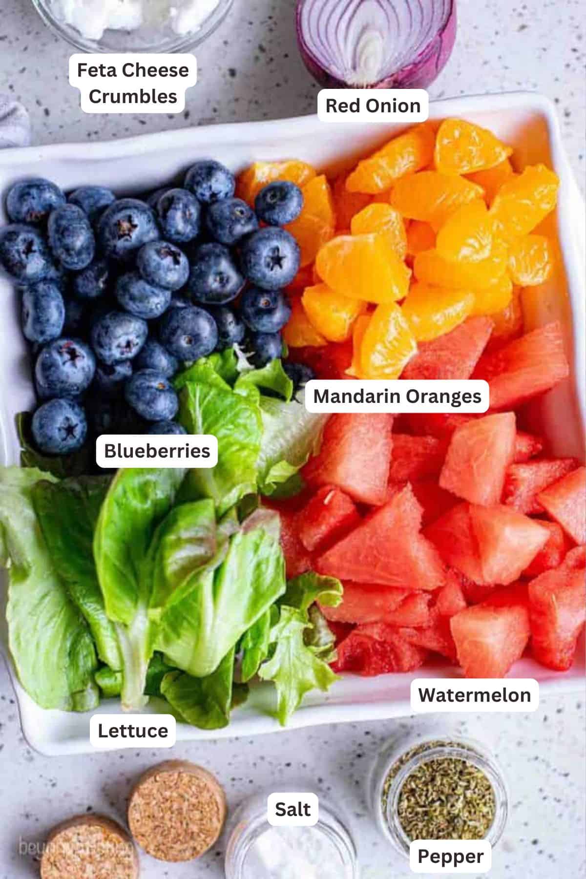 Ingredients for Watermelon Mandarin Feta Salad.
