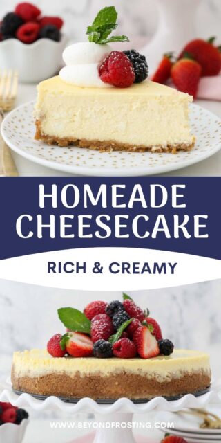 two images of cheesecake, one slice and one whole with text overlay
