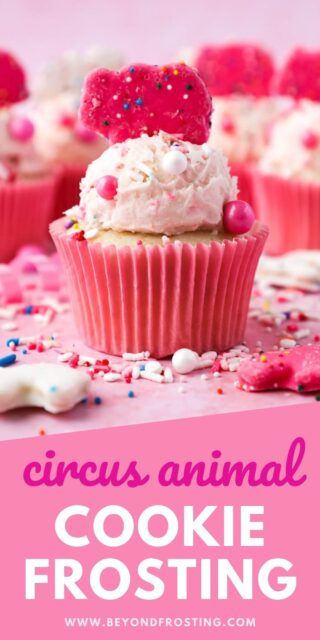 A photo of a cupcake with a pink wrapper, frosted with sprinkles and a circus animal cookie on top with a text overlay