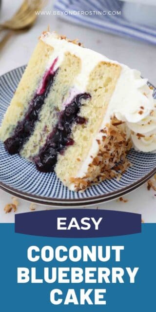 a slice of cake filled with blueberry sauce and a text overlay