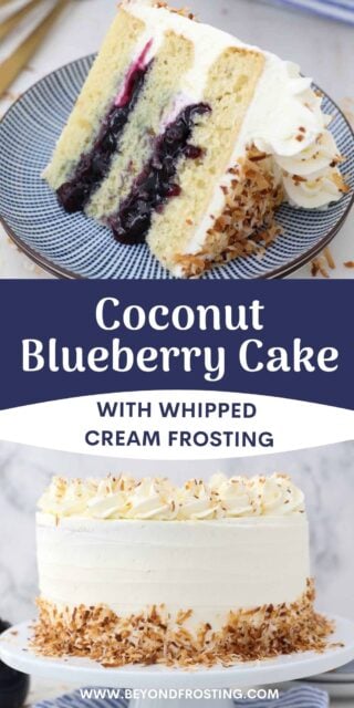 two images of a coconut layer cake with a text overlay