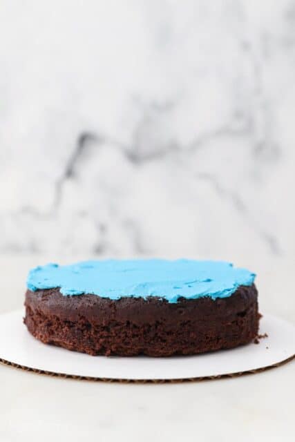a single layer chocolate cake with blue frosting on top