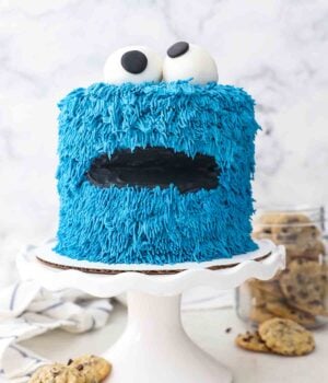 a white cake stand with a cookie monster cake and a jar of cookies in the background