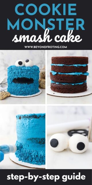 four process shots of making a cookie monster cake with text overlay