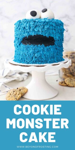 Cookie monster cake on white cake stand with text overlay