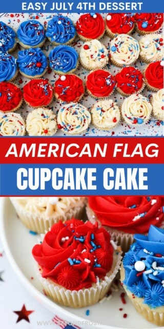 Pinterest title image for American Flag Cupcake Cake.