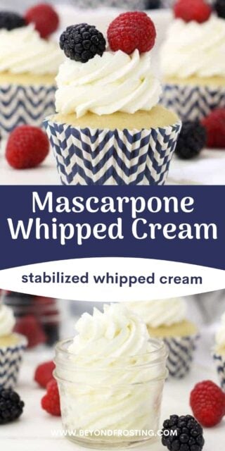 two images, one of a frosted cupcake and one of a jar filled with whipped cream and text overlay