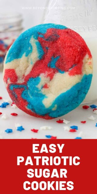 A CLOSE UP OF RED WHITE AND BLUE SUGAR COOKIE WITH A TEXT OVERLAY