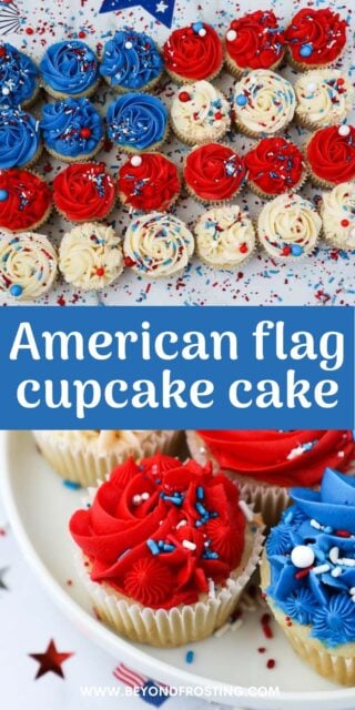 Two images of patriotic cupcakes with a text overlay