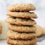 Several peanut butter cookies stacked on top of each other