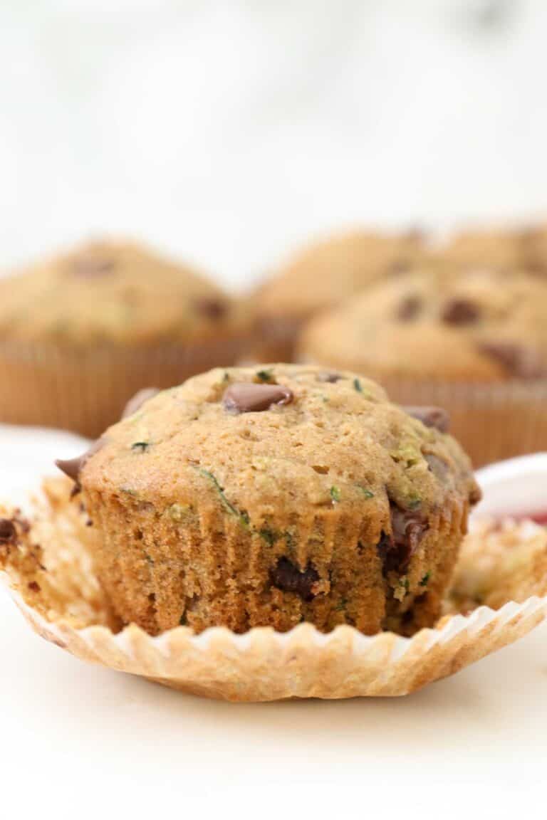 A perfectly baked moist chocolate chip zucchini muffin with the muffin wrapper removed