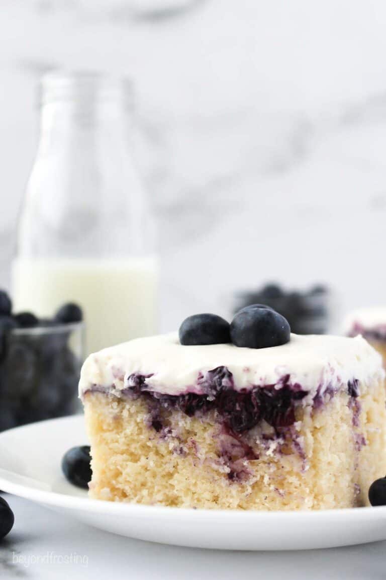 a close up of slice of cake on a white plate garnished with blueberries