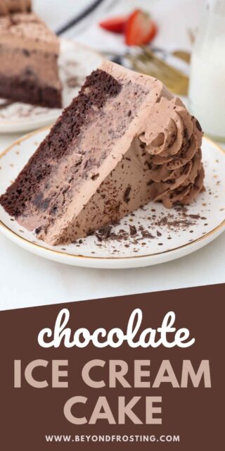 An image of a sliced chocolate layer cake with a text overlay on top