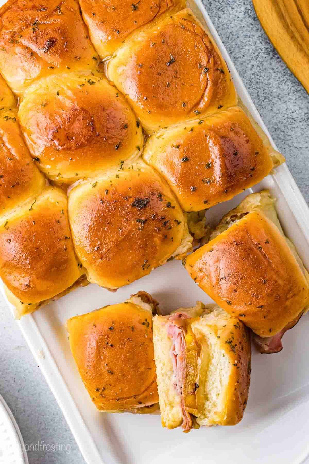 The seasoned and buttery tops of the baked Hawaiian roll sliders.