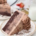 a slice of chocolate ice cream cake on a gold rimmed plate
