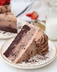 a slice of chocolate ice cream cake on a gold rimmed plate