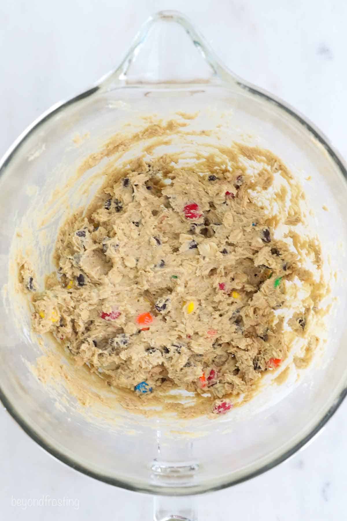 The fully mixed batter with the M&Ms and chocolate chips.