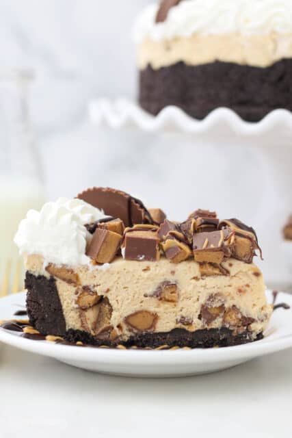 A side view of a slice pf peanut butter cheesecake loaded with Reese's peanut butter cups