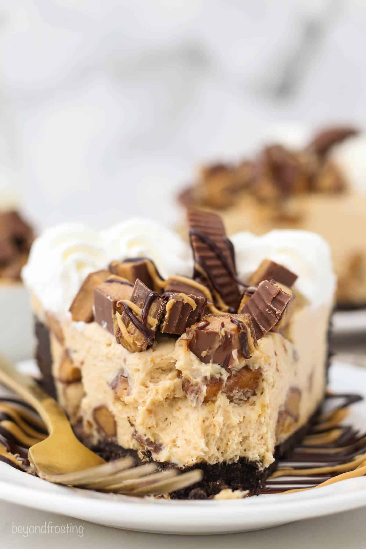 A detailed shot of a peanut butter cheesecake with a bite missing