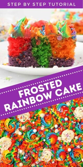 two images of a colorful rainbow cake with text overlay