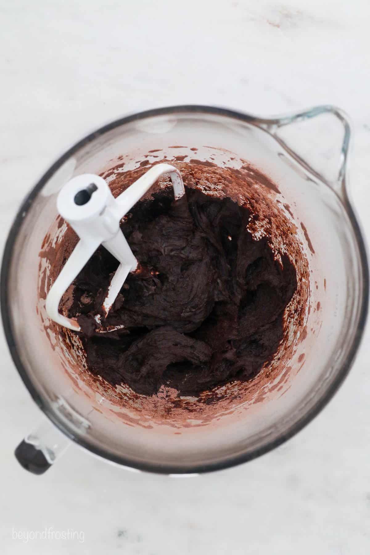 Double chocolate cookie dough in a mixing bowl.