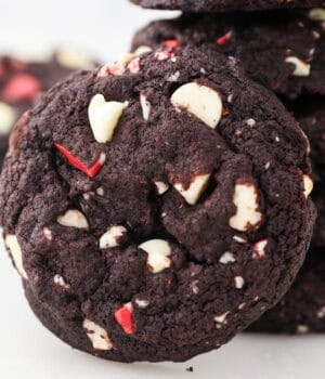 closeup of baked double chocolate peppermint cookie