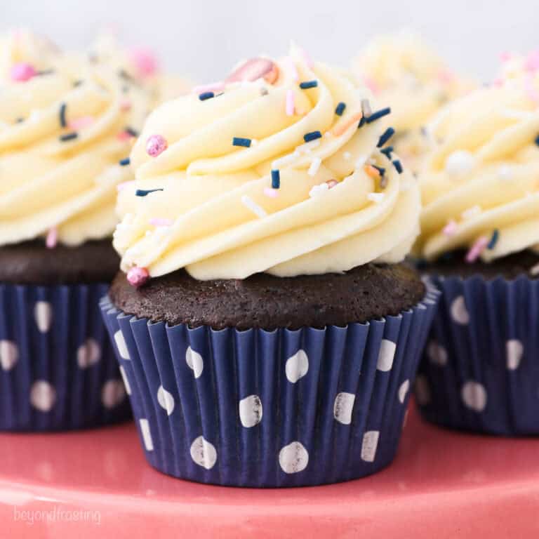 a close up of a chocolate cupcake with vanilla frosting and sprinkles