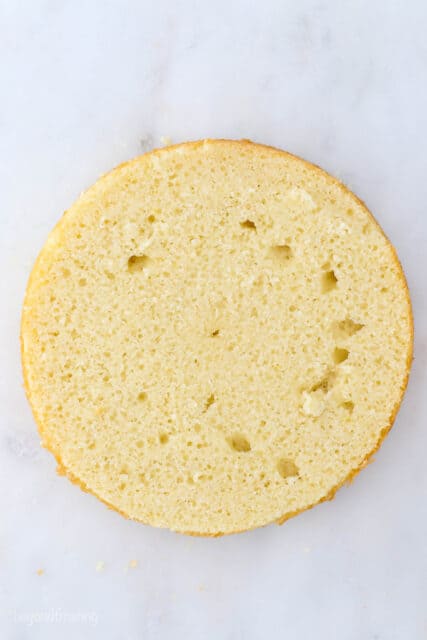 a layer of vanilla cake with the top dome cut off, inside view of the cake