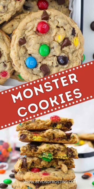 Two images of Monster cookies with M&Ms and a red text overlay