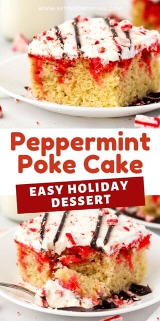 two pictures of candy cane poke cake titled "Peppermint Poke Cake: Easy Holiday Dessert"