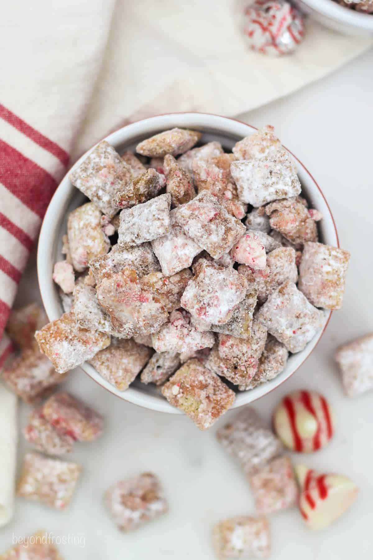 bowl of chocolate peppermint puppy chow from above