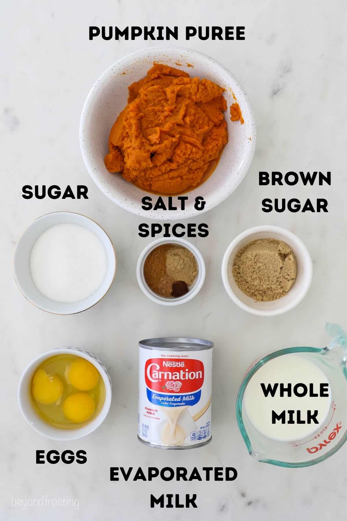 All of the ingredients to make this pumpkin pie, except for the crust.