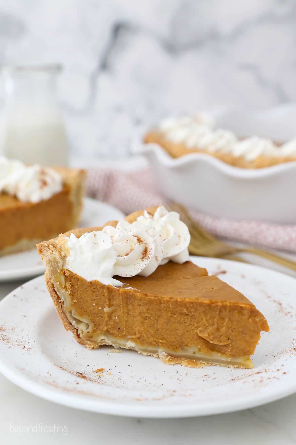 A slice of Pumpkin Pie with Homemade Whipped Cream.