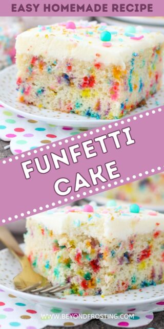 two images of funfetti cake collaged with text overlay