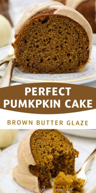 Two photos of a pumpkin cake with a text overlay