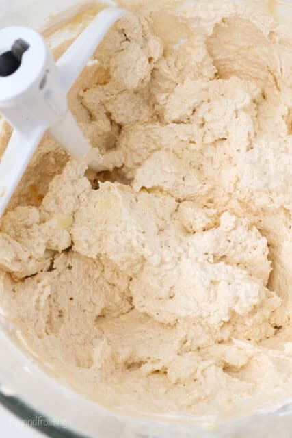 closeup of maple buttercream frosting in bowl