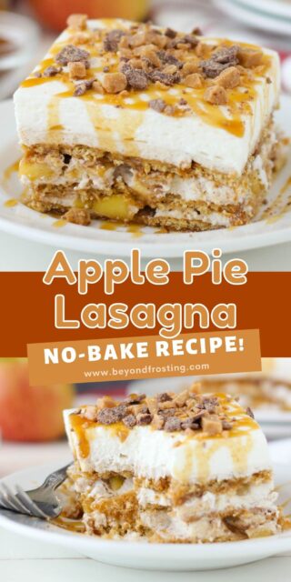 Two photos of a layered apple icebox cake with text overlay