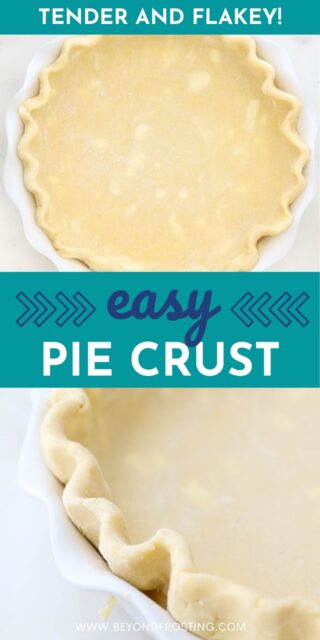Two images of an unbaked pie crust with a text overlay