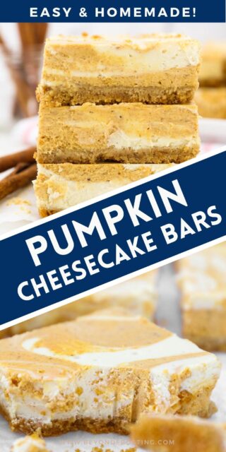 Two images of pumpkin cheesecake bars with a text overlay