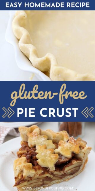 Two photos of unbaked gluten free pie crust, one baked and one unbaked with a text overlay