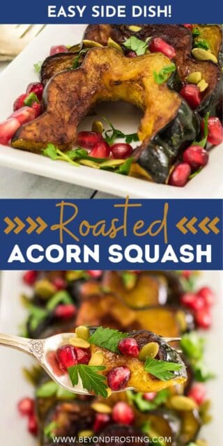 Two images of roasted acorn squash with a blue text overlay
