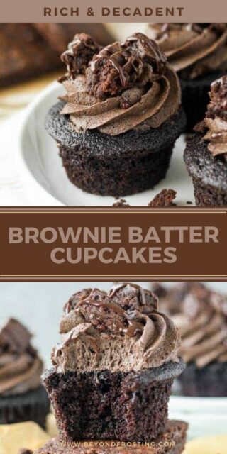 Two images of chocolate cupcakes topped with brownies and a text overlay