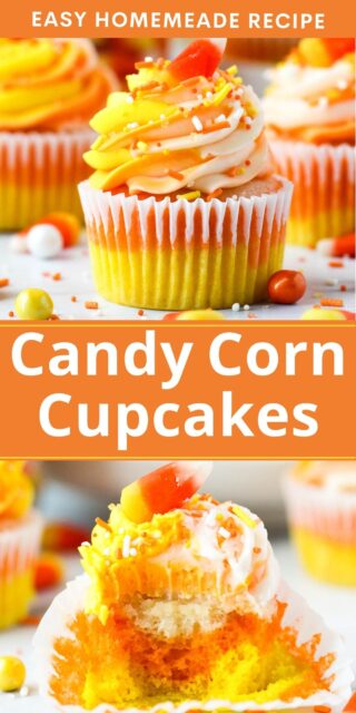 Two images of a candy corn cupcake with text overlay