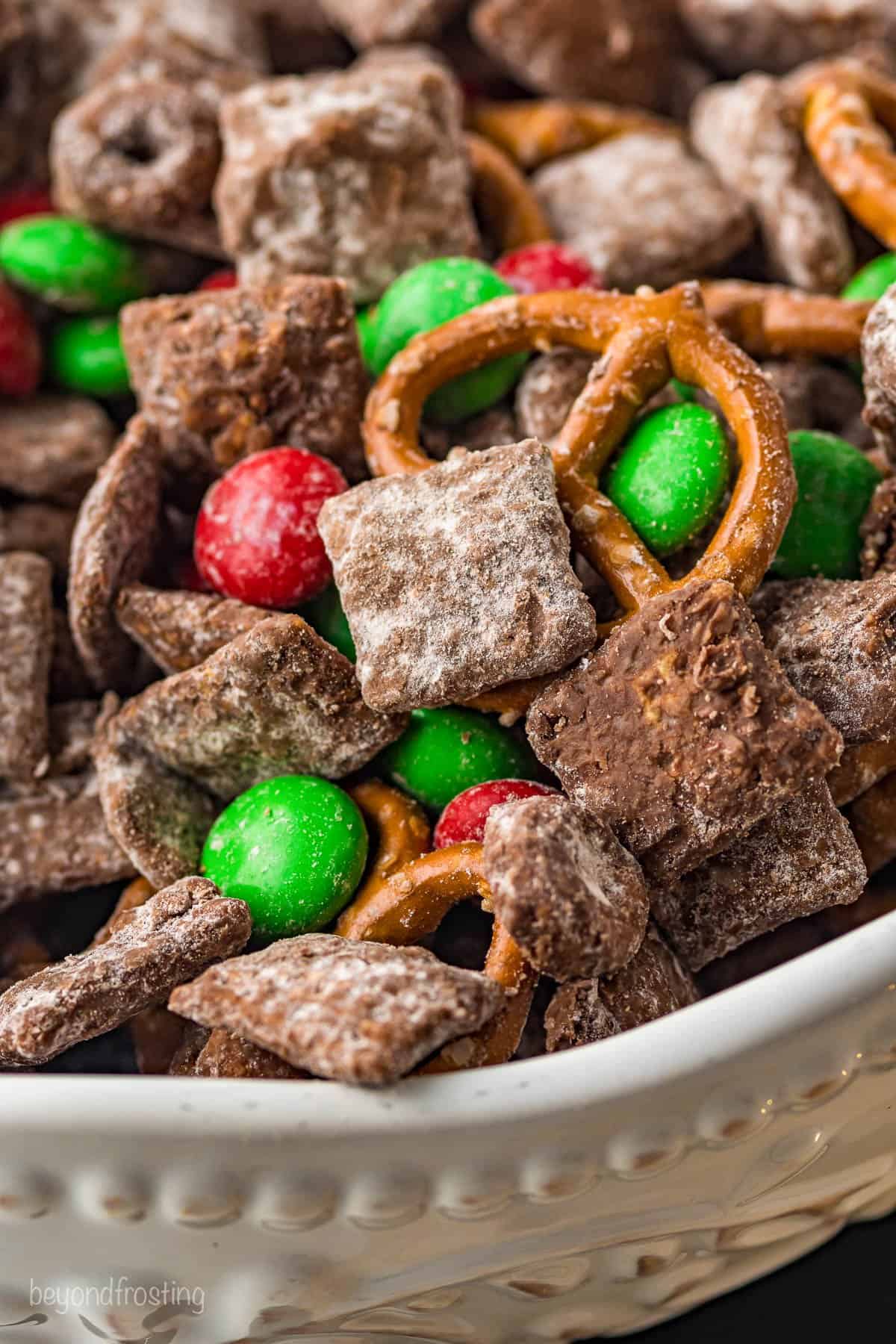 Closeup of reindeer chow in a bowl.