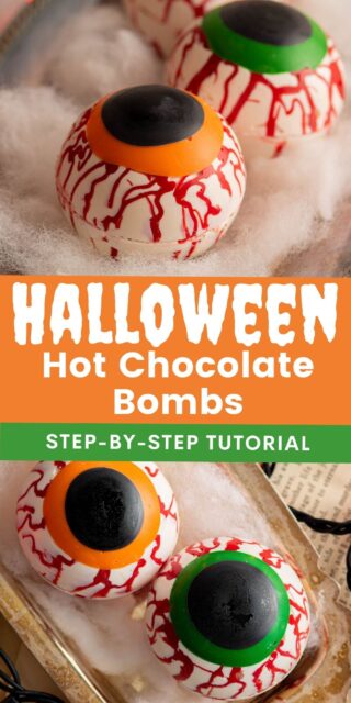 two images of hot chocolate bombs decorated like spooky eyeballs with a text overlay on top