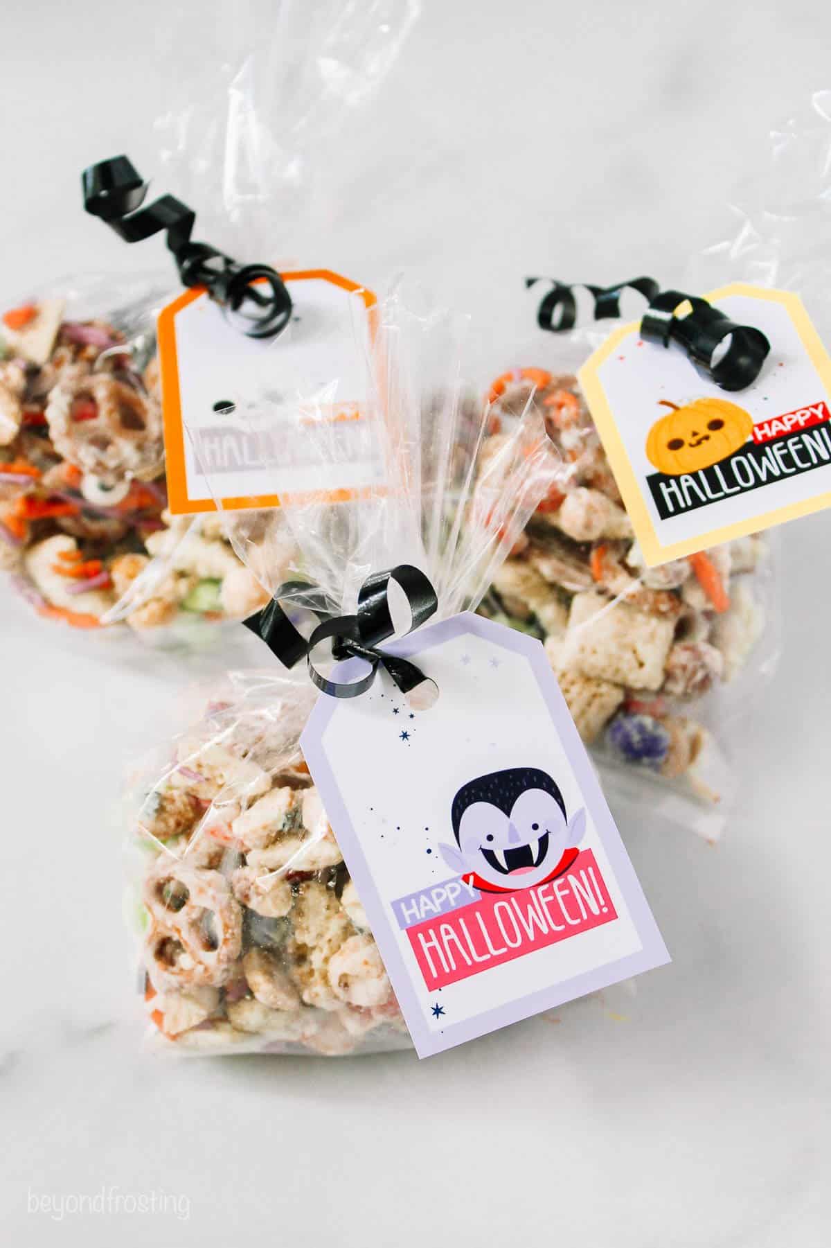 three plastic bags with halloween tags and black ribbon